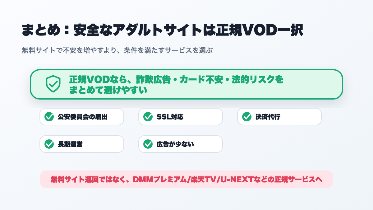 まとめ:安全なアダルトサイトは正規VOD一択。公安委員会届出・SSL対応・決済代行・長期運営・広告が少ないをすべて満たす、DMMプレミアム/楽天TV/U-NEXTへ